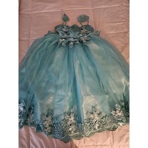 Little Princess Girls Teal Tulle Party Dress Size 6 Lace Floral Formal